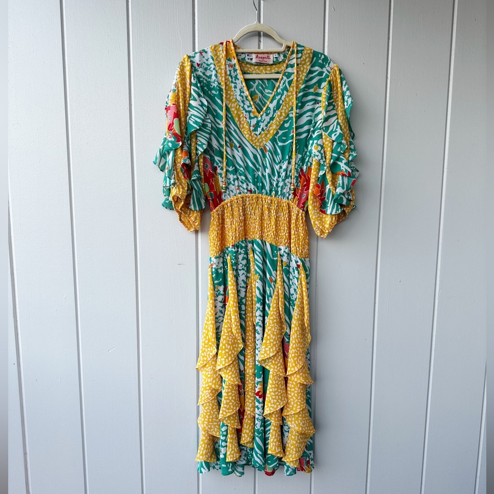 Vintage 80s Assorti Susan Freis Ruffle Dress Geo Abstract Memphis Floral Print